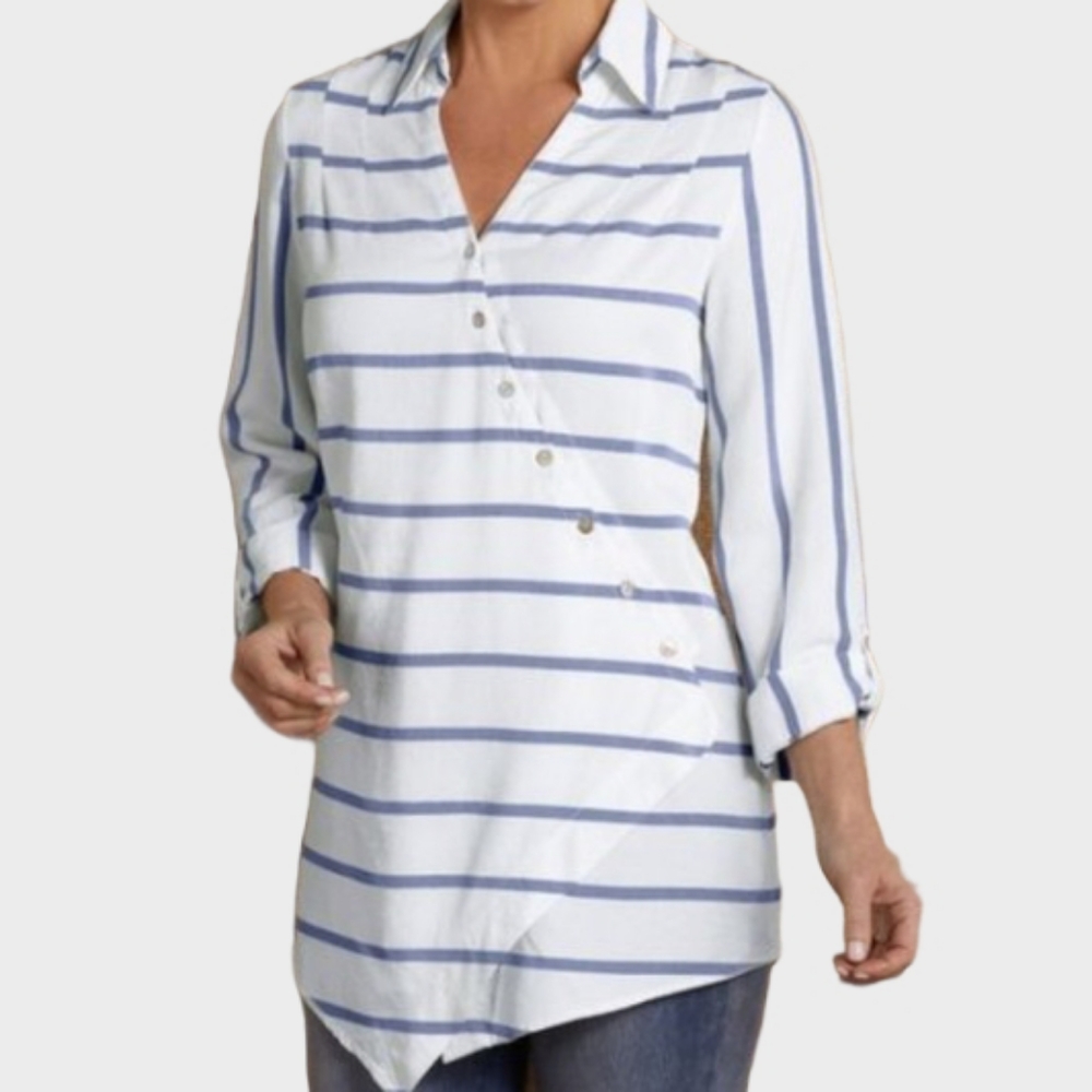Soft Surroundings Washed Tencel Blue and White Stripe Tunic